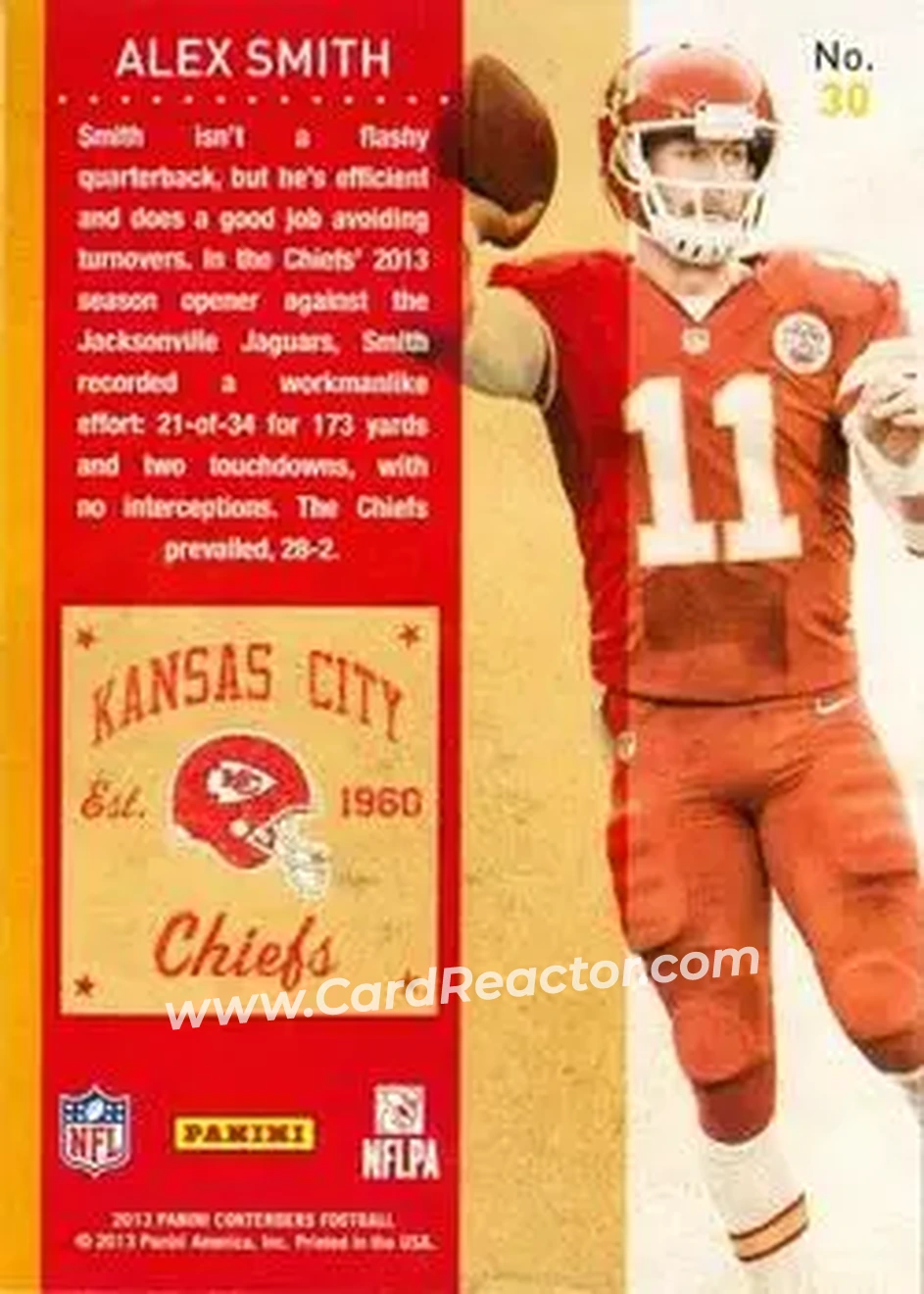 2013 Panini Contenders #30 - Alex Smith - Kansas City Chiefs - Back