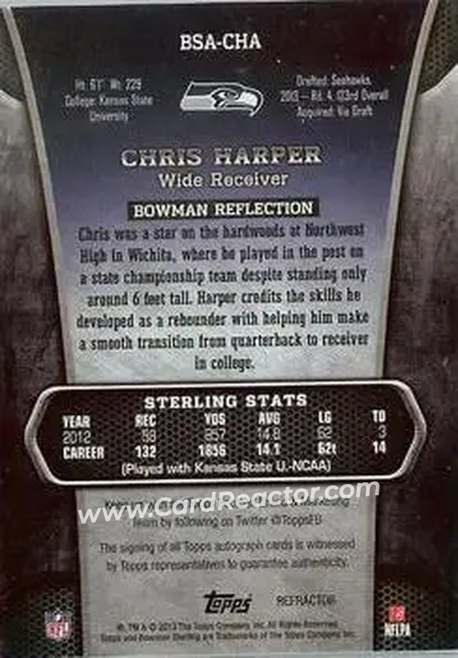 2013 Bowman Sterling - Autographs Blue Refractors #BSA-CHA - Chris Harper - Seattle Seahawks - Back