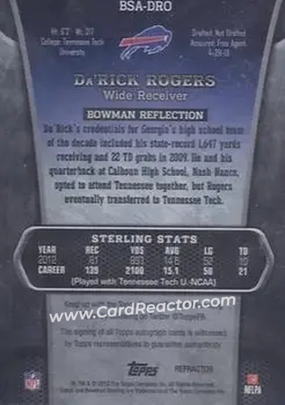 2013 Bowman Sterling - Autographs Blue Refractors #BSA-DRO - Da'Rick Rogers - Buffalo Bills - Back