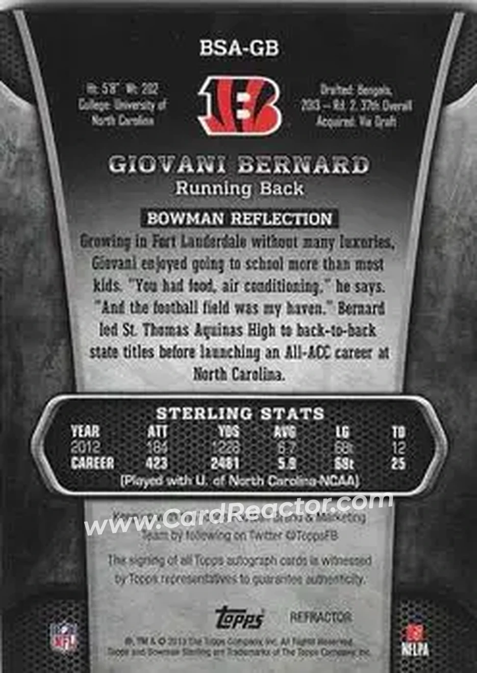 2013 Bowman Sterling - Autographs Blue Refractors #BSA-GB - Giovani Bernard - Cincinnati Bengals - Back 2013 Bowman Sterling - Autographs Blue Refractors #BSA-GB - Giovani Bernard - Cincinnati Bengals - Back
