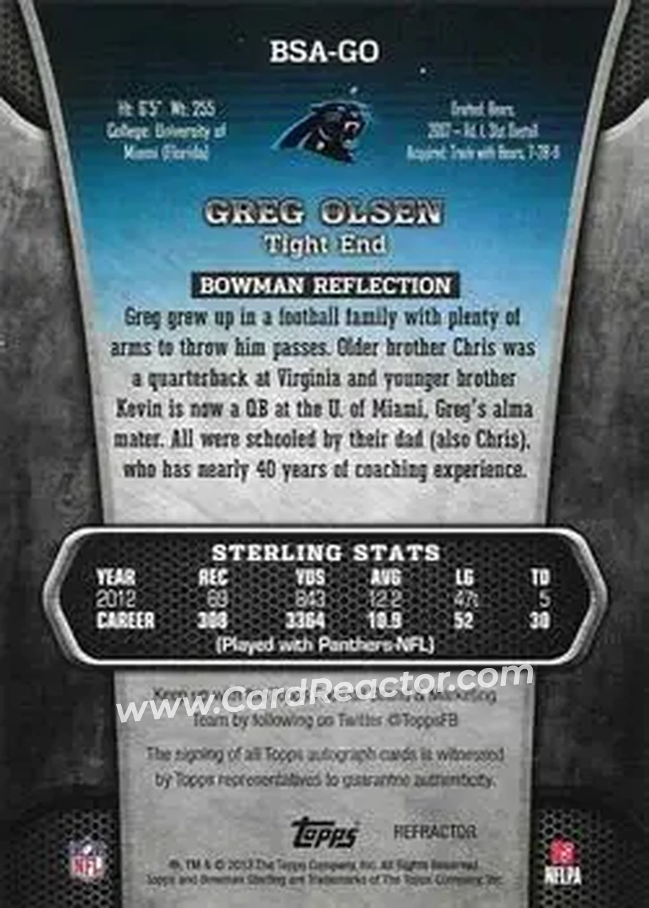 2013 Bowman Sterling - Autographs Blue Refractors #BSA-GO - Greg Olsen - Carolina Panthers - Back