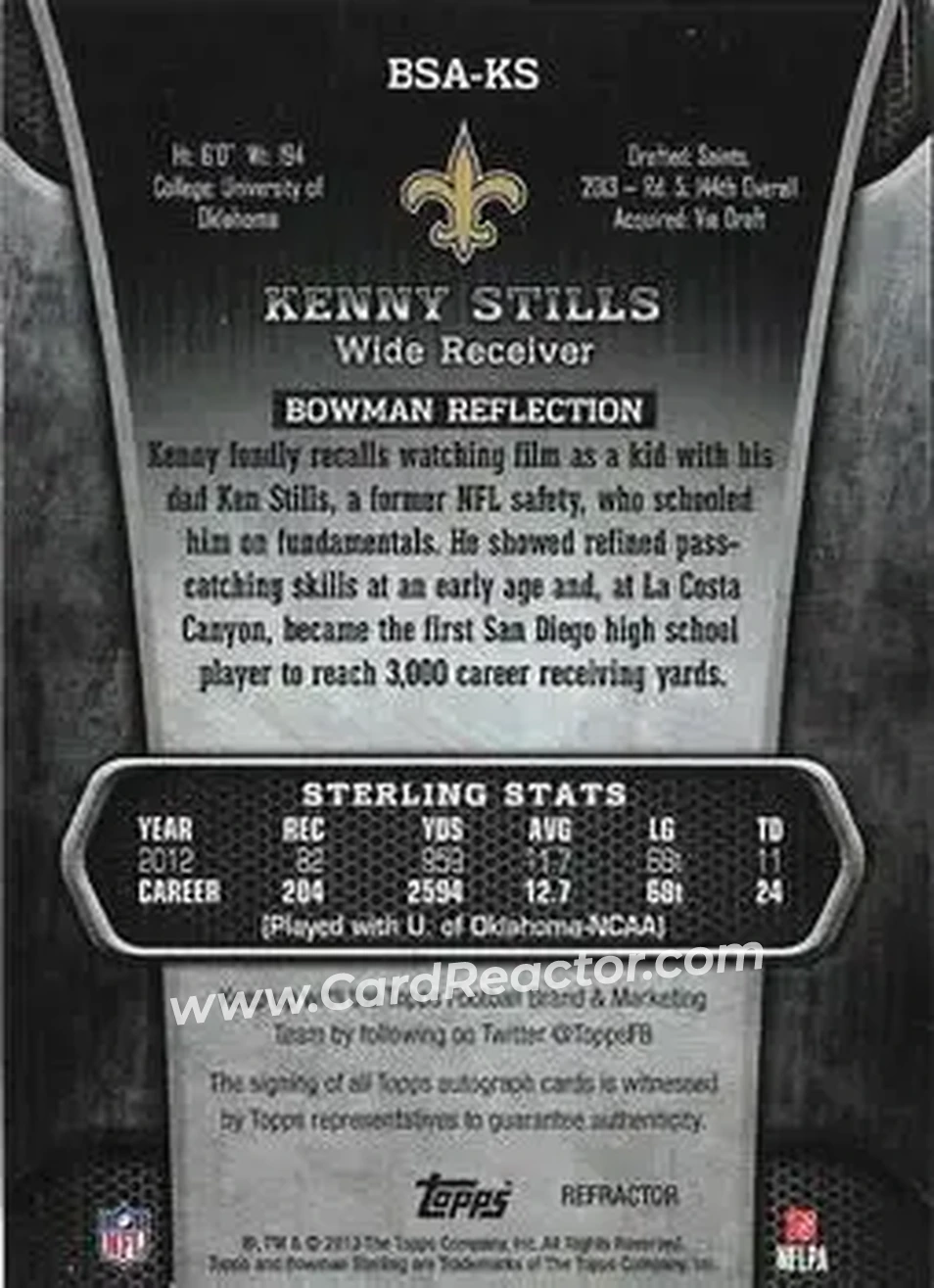 2013 Bowman Sterling - Autographs Blue Refractors #BSA-KS - Kenny Stills - New Orleans Saints - Back 2013 Bowman Sterling - Autographs Blue Refractors #BSA-KS - Kenny Stills - New Orleans Saints - Back