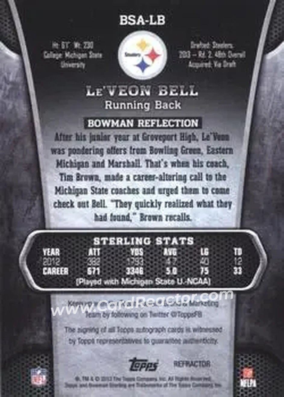 2013 Bowman Sterling - Autographs Blue Refractors #BSA-LB - Le'Veon Bell - Pittsburgh Steelers - Back 2013 Bowman Sterling - Autographs Blue Refractors #BSA-LB - Le'Veon Bell - Pittsburgh Steelers - Back