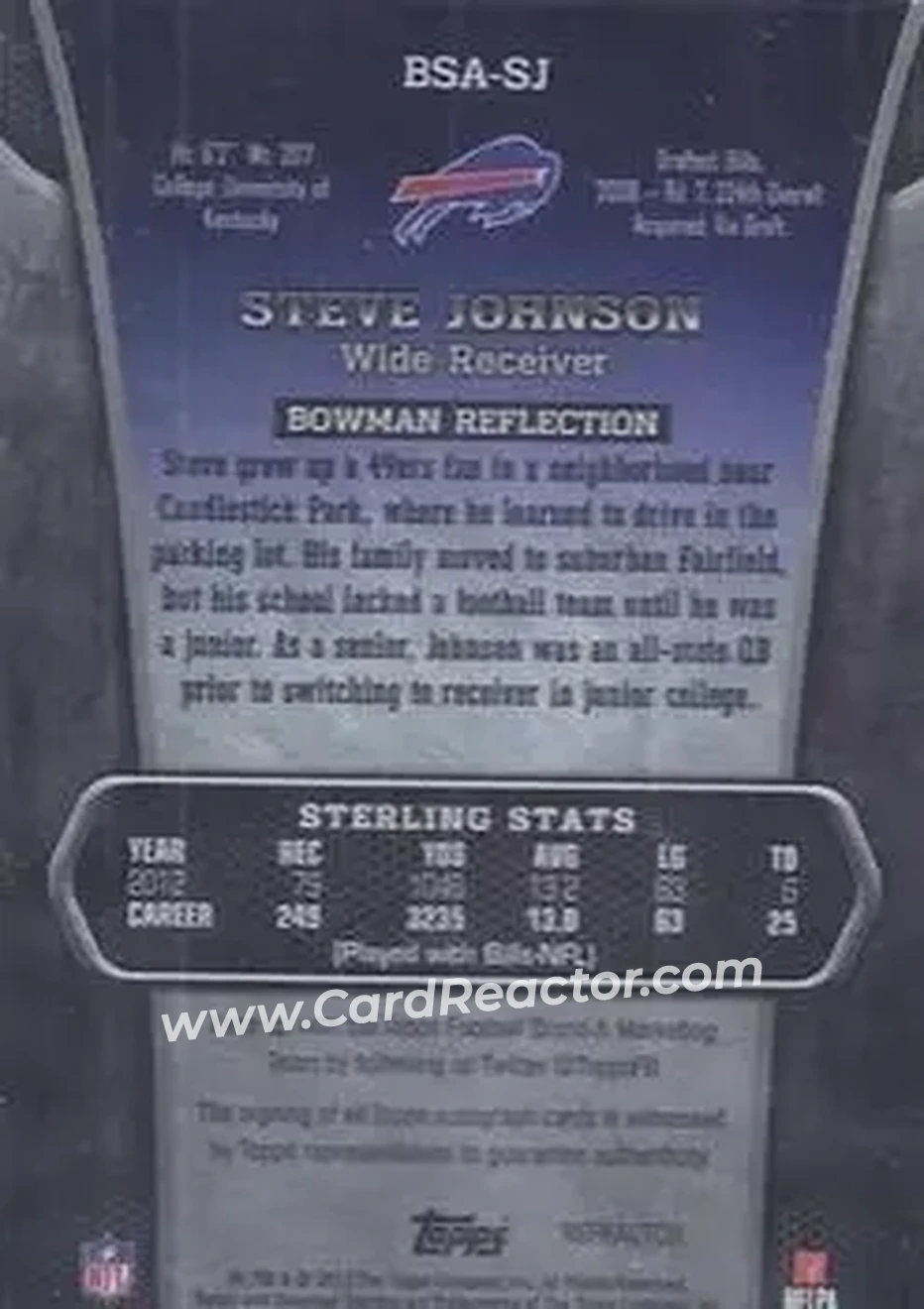 2013 Bowman Sterling - Autographs Blue Refractors #BSA-SJ - Steve Johnson - Buffalo Bills - Back 2013 Bowman Sterling - Autographs Blue Refractors #BSA-SJ - Steve Johnson - Buffalo Bills - Back