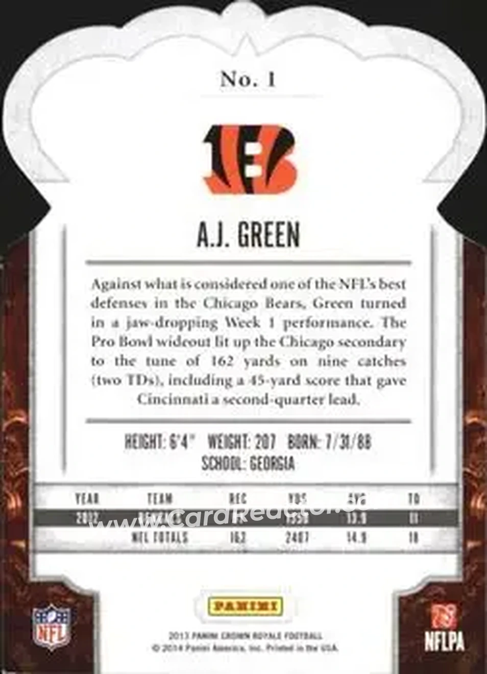 2013 Panini Crown Royale #1 - A.J. Green - Cincinnati Bengals - Back