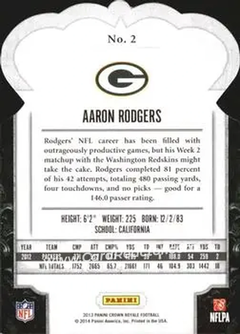 2013 Panini Crown Royale #2 - Aaron Rodgers - Green Bay Packers - Back