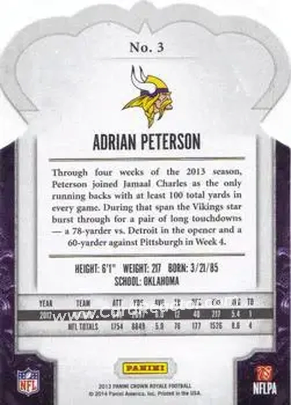 2013 Panini Crown Royale #3 - Adrian Peterson - Minnesota Vikings - Back