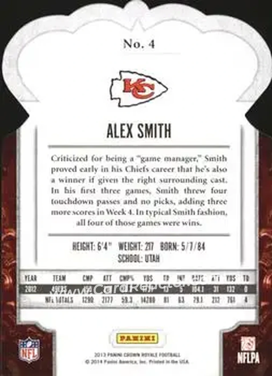 2013 Panini Crown Royale #4 - Alex Smith - Kansas City Chiefs - Back