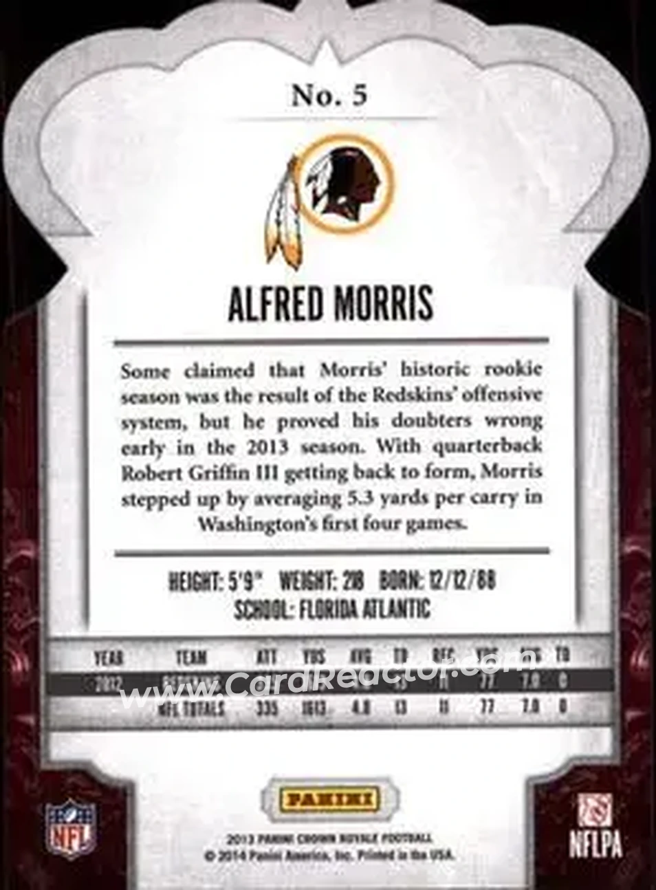 2013 Panini Crown Royale #5 - Alfred Morris - Washington Redskins - Back