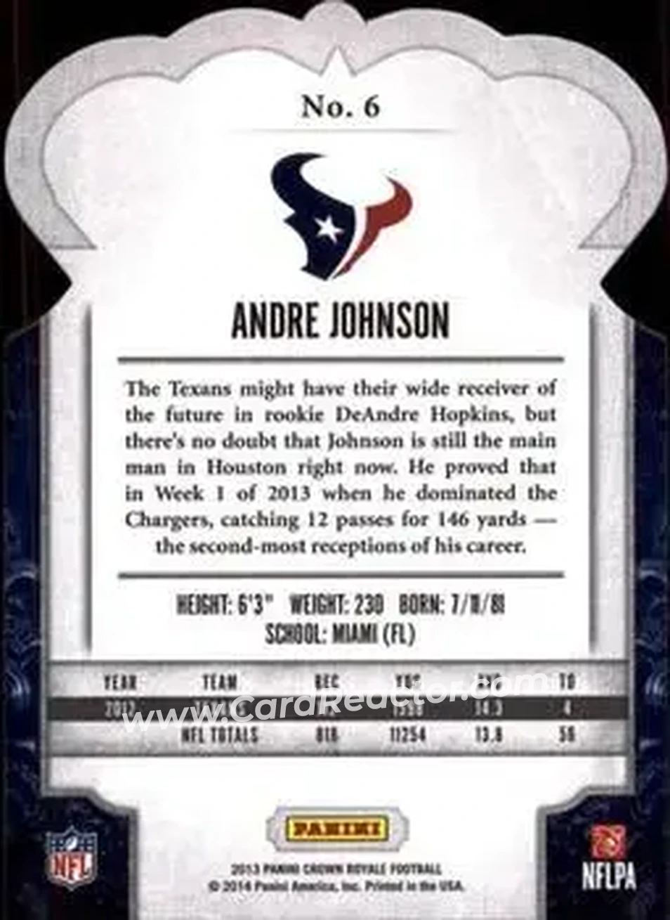 2013 Panini Crown Royale #6 - Andre Johnson - Houston Texans - Back