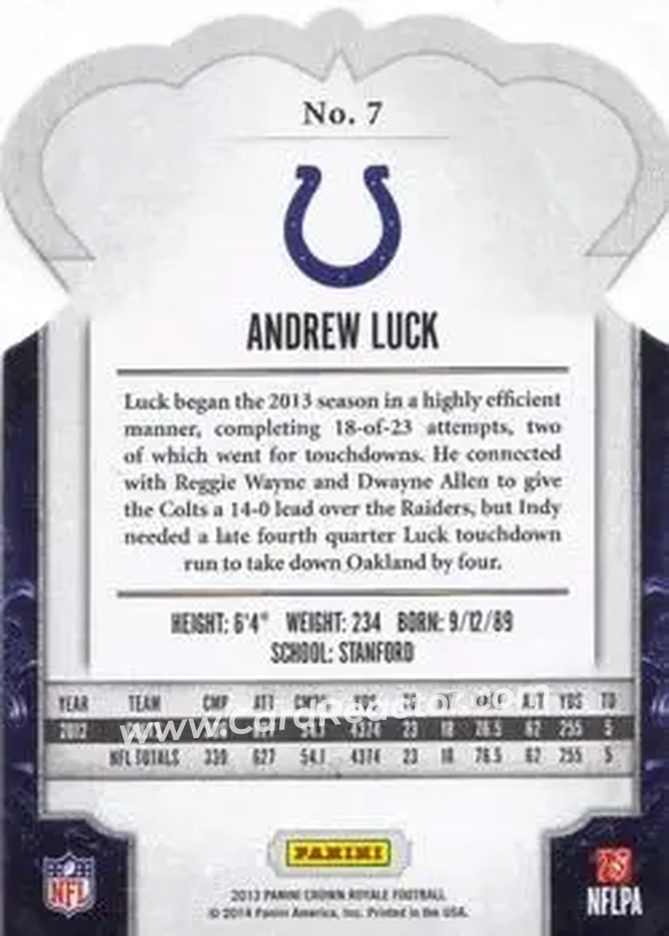 2013 Panini Crown Royale #7 - Andrew Luck - Indianapolis Colts - Back