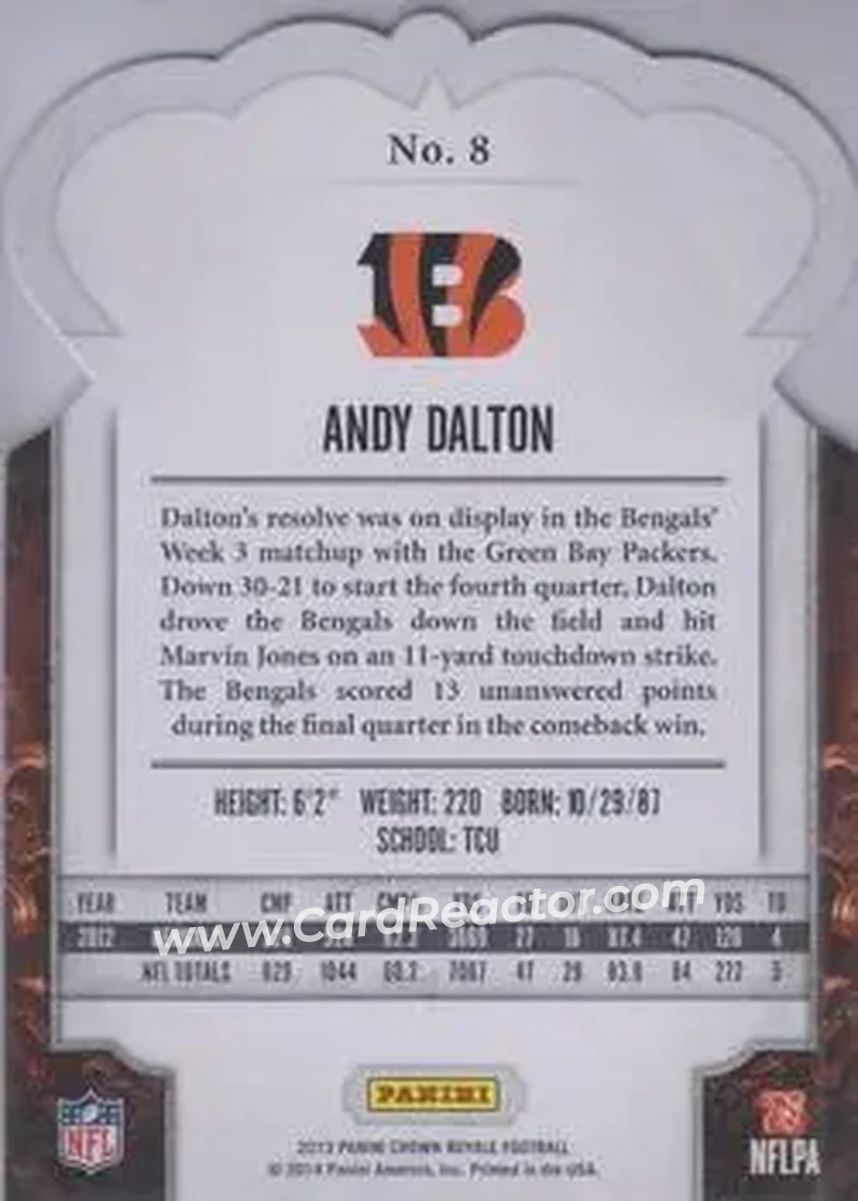 2013 Panini Crown Royale #8 - Andy Dalton - Cincinnati Bengals - Back