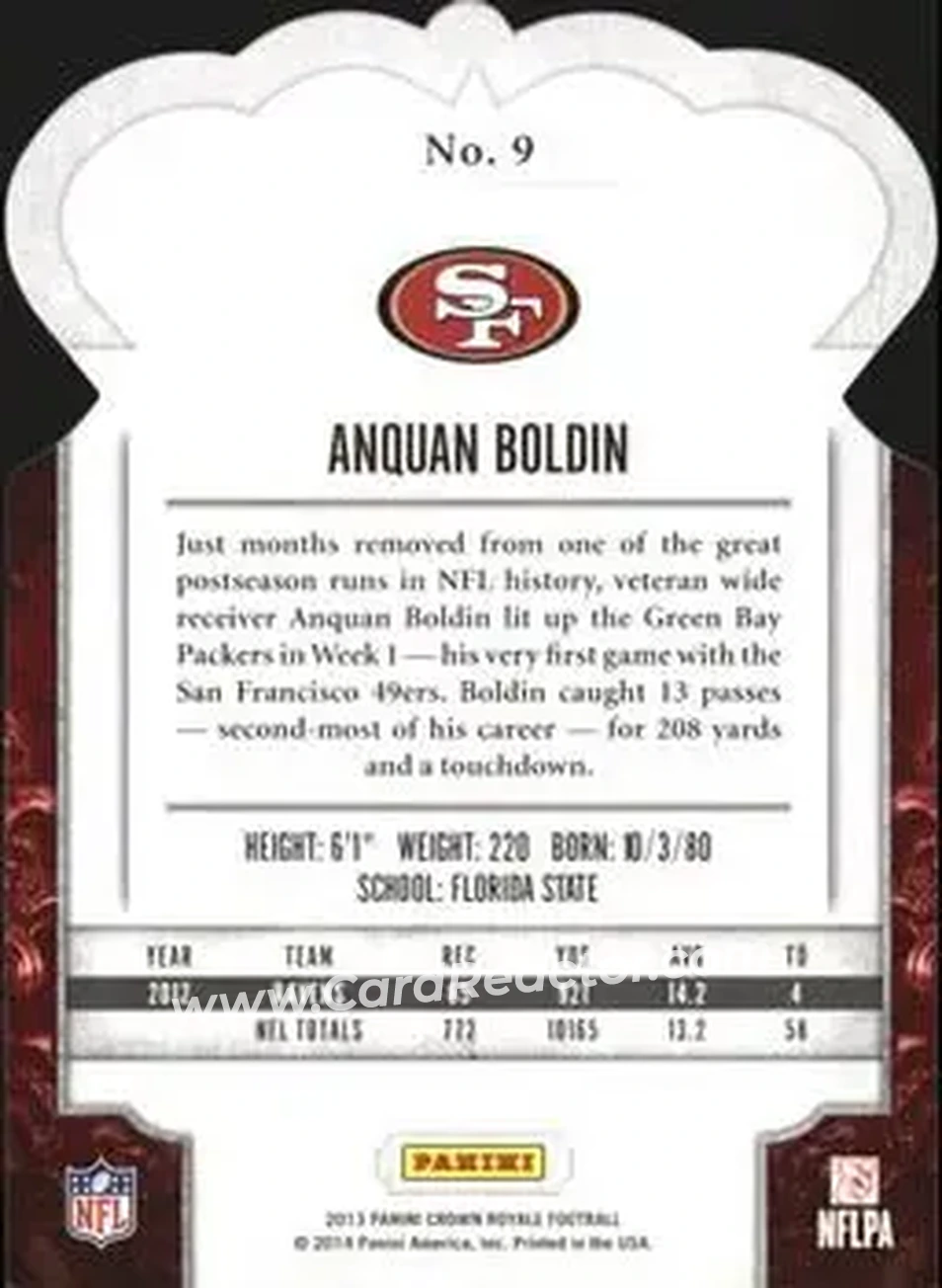 2013 Panini Crown Royale #9 - Anquan Boldin - San Francisco 49ers - Back