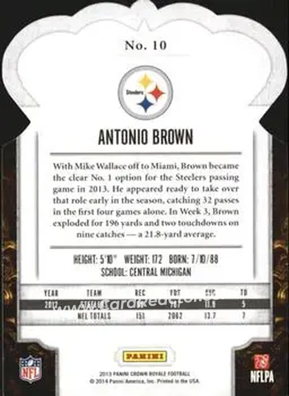 2013 Panini Crown Royale #10 - Antonio Brown - Pittsburgh Steelers - Back
