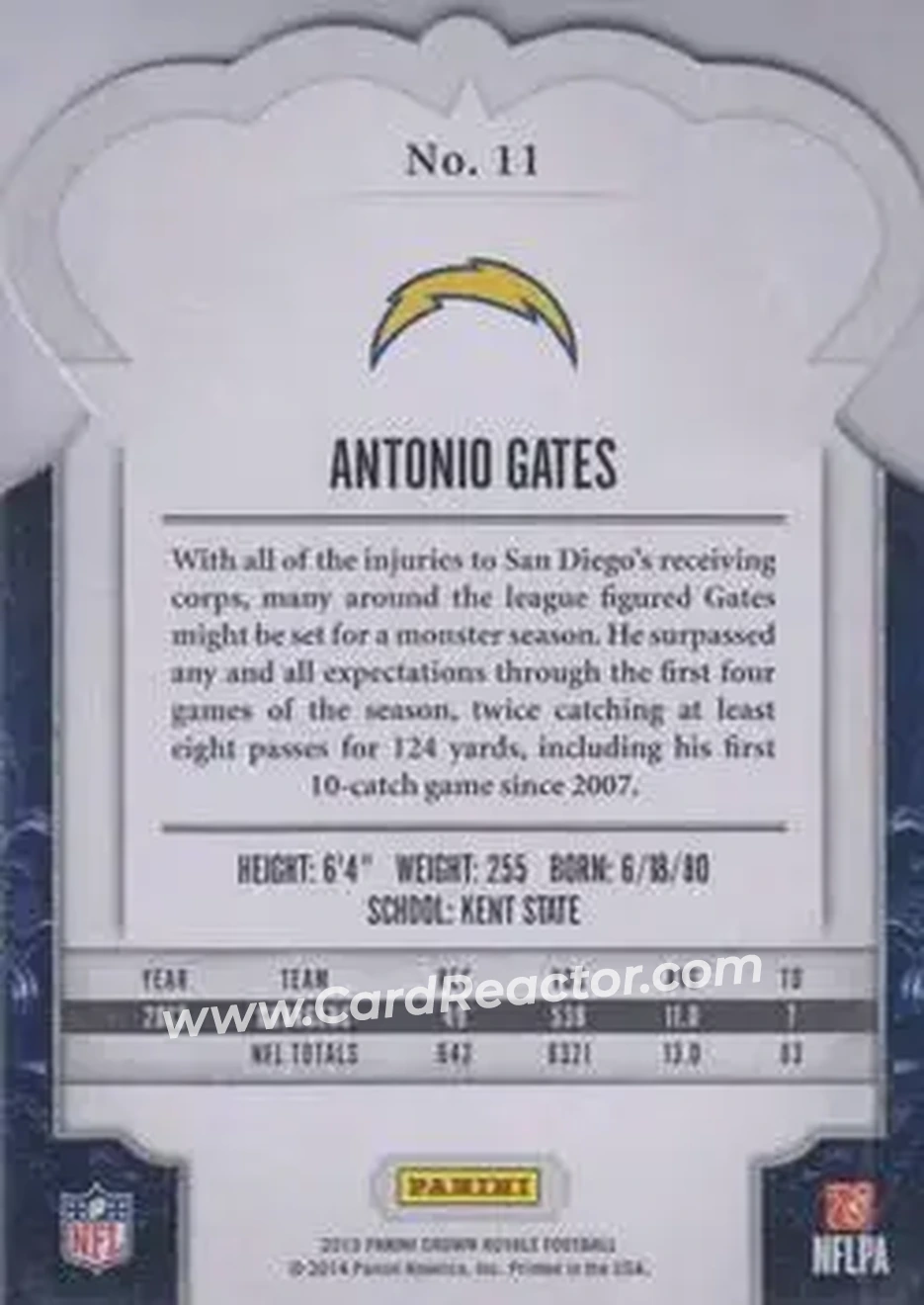 2013 Panini Crown Royale #11 - Antonio Gates - San Diego Chargers - Back