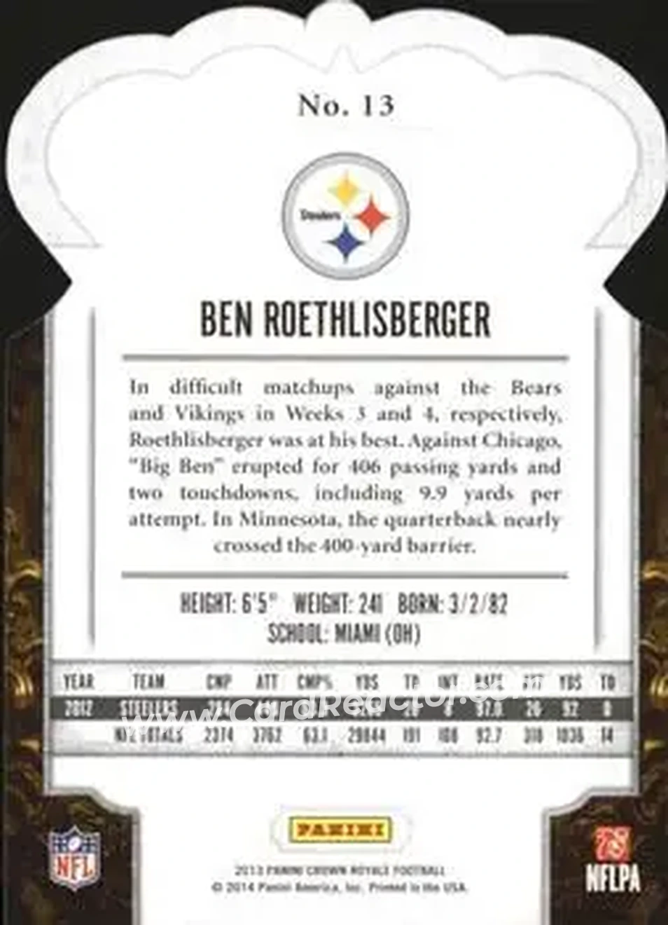 2013 Panini Crown Royale #13 - Ben Roethlisberger - Pittsburgh Steelers - Back
