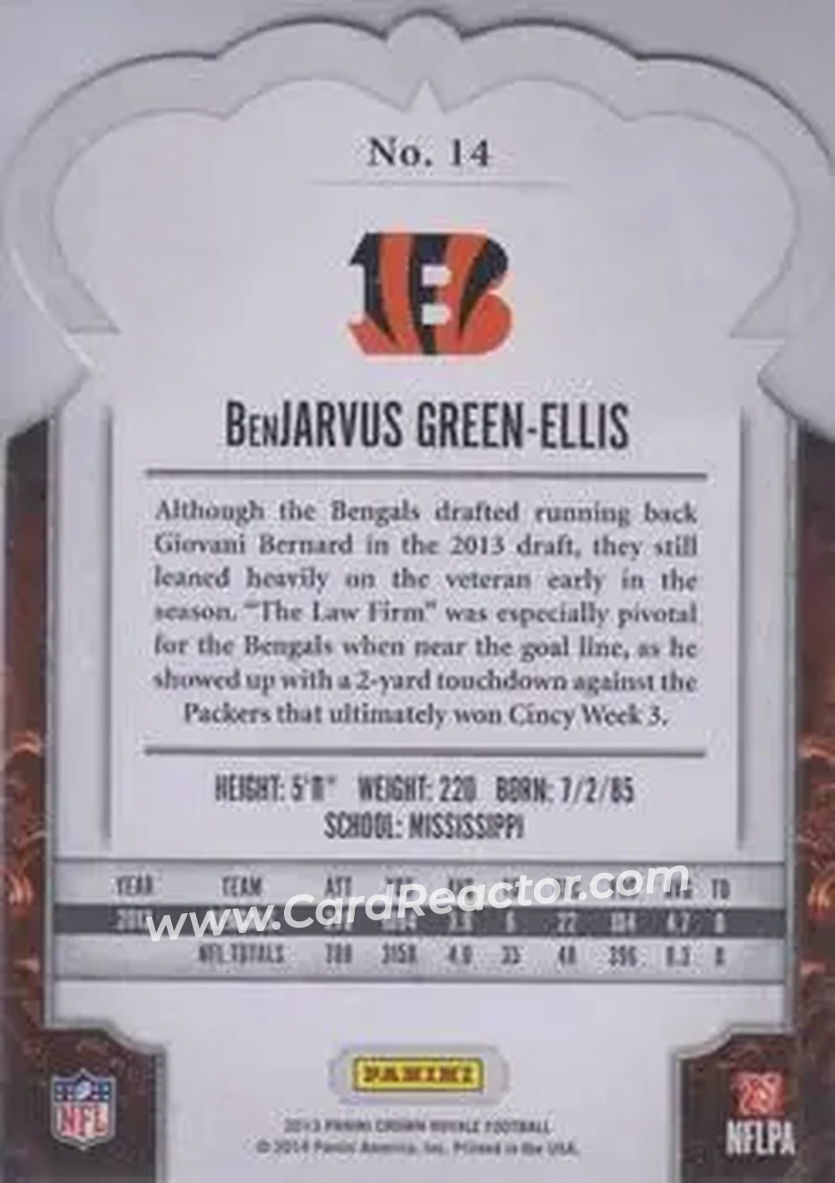 2013 Panini Crown Royale #14 - BenJarvus Green-Ellis - Cincinnati Bengals - Back