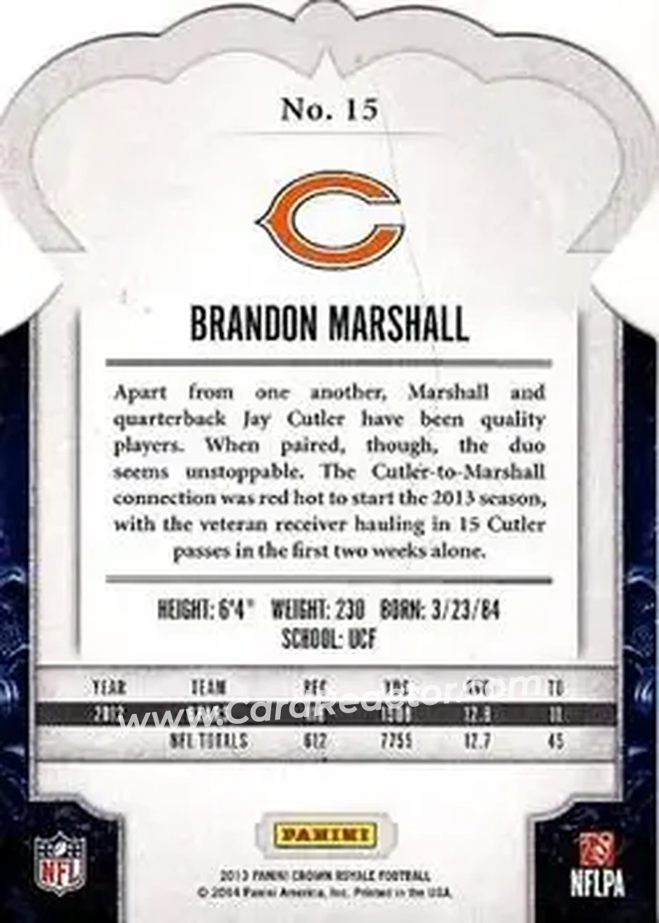 2013 Panini Crown Royale #15 - Brandon Marshall - Chicago Bears - Back