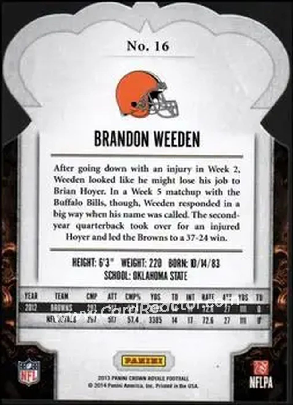 2013 Panini Crown Royale #16 - Brandon Weeden - Cleveland Browns - Back