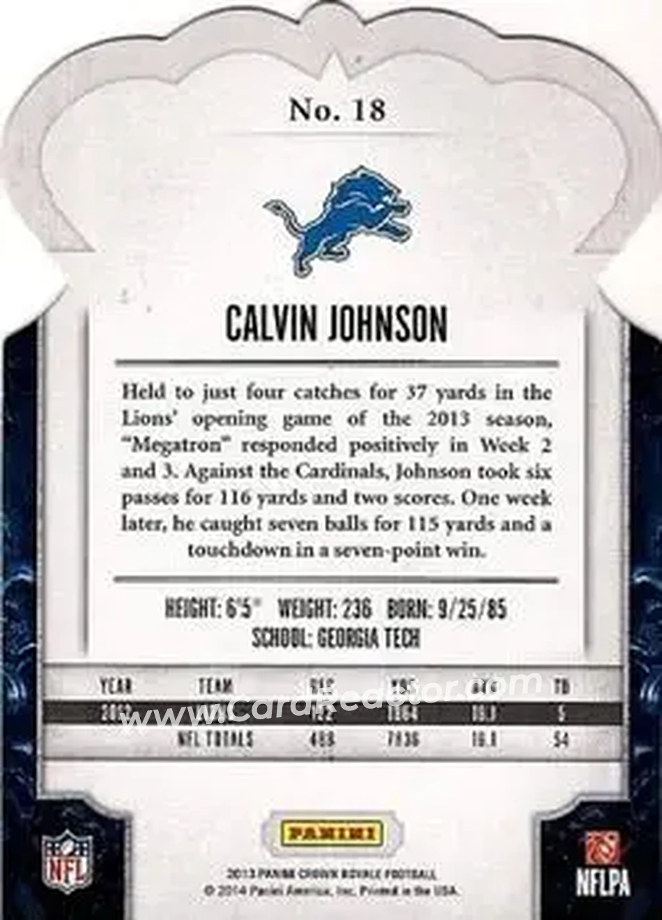 2013 Panini Crown Royale #18 - Calvin Johnson - Detroit Lions - Back