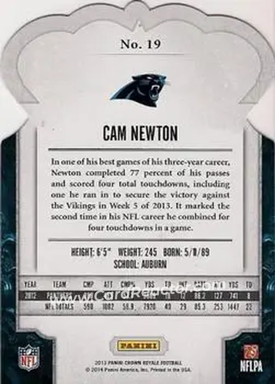 2013 Panini Crown Royale #19 - Cam Newton - Carolina Panthers - Back