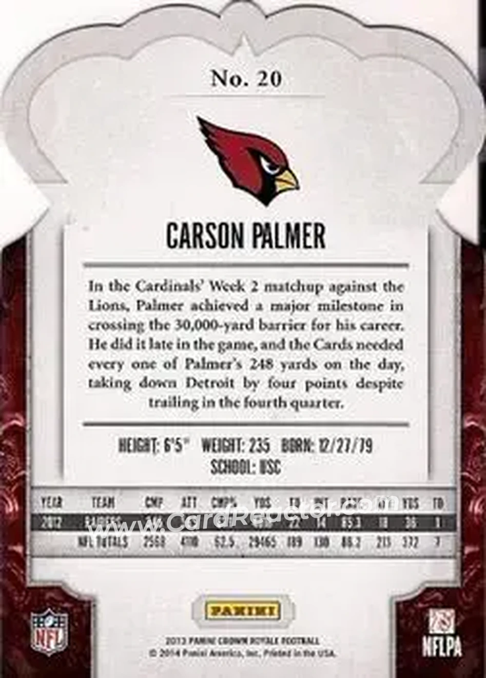 2013 Panini Crown Royale #20 - Carson Palmer - Arizona Cardinals - Back