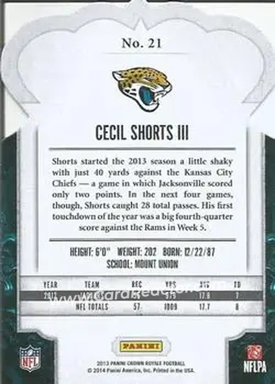 2013 Panini Crown Royale #21 - Cecil Shorts III - Jacksonville Jaguars - Back