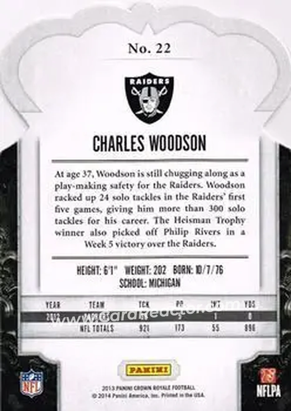 2013 Panini Crown Royale #22 - Charles Woodson - Oakland Raiders - Back 2013 Panini Crown Royale #22 - Charles Woodson - Oakland Raiders - Back