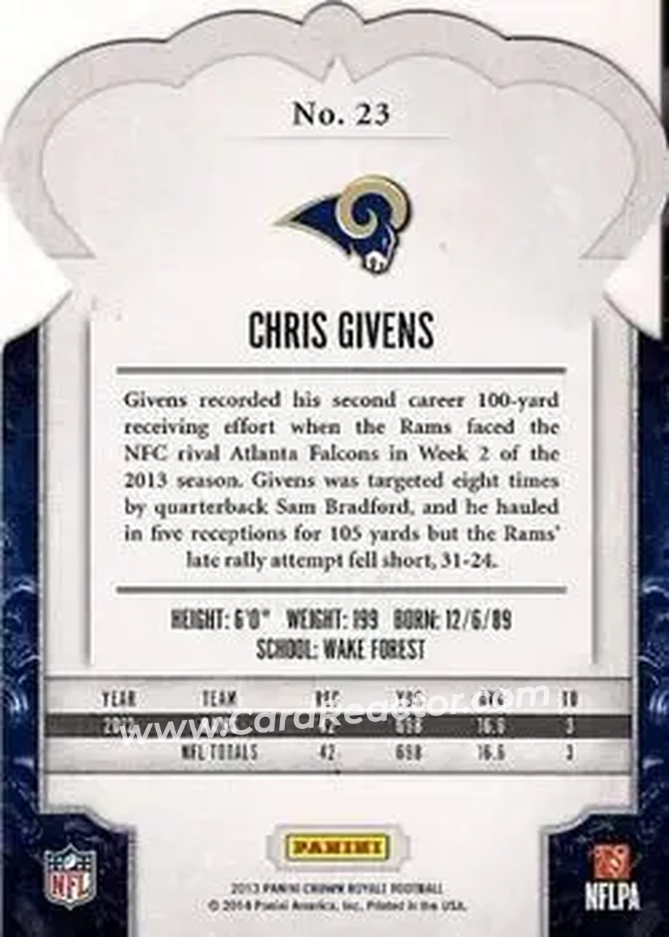2013 Panini Crown Royale #23 - Chris Givens - St. Louis Rams - Back