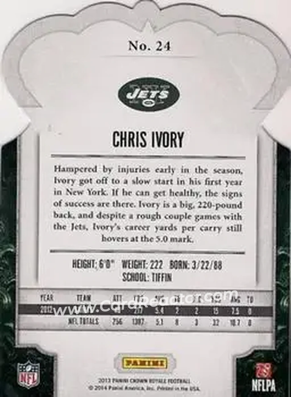 2013 Panini Crown Royale #24 - Chris Ivory - New York Jets - Back