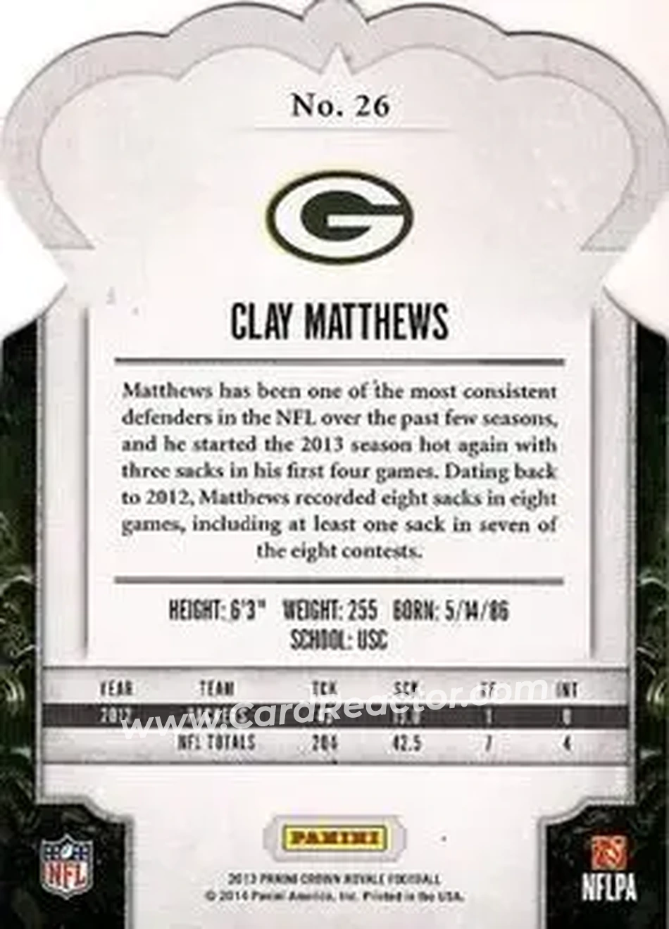 2013 Panini Crown Royale #26 - Clay Matthews - Green Bay Packers - Back