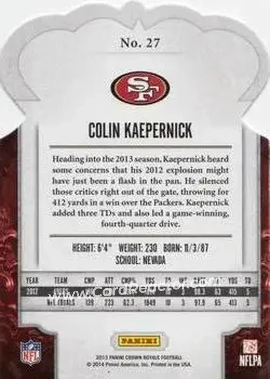 2013 Panini Crown Royale #27 - Colin Kaepernick - San Francisco 49ers - Back
