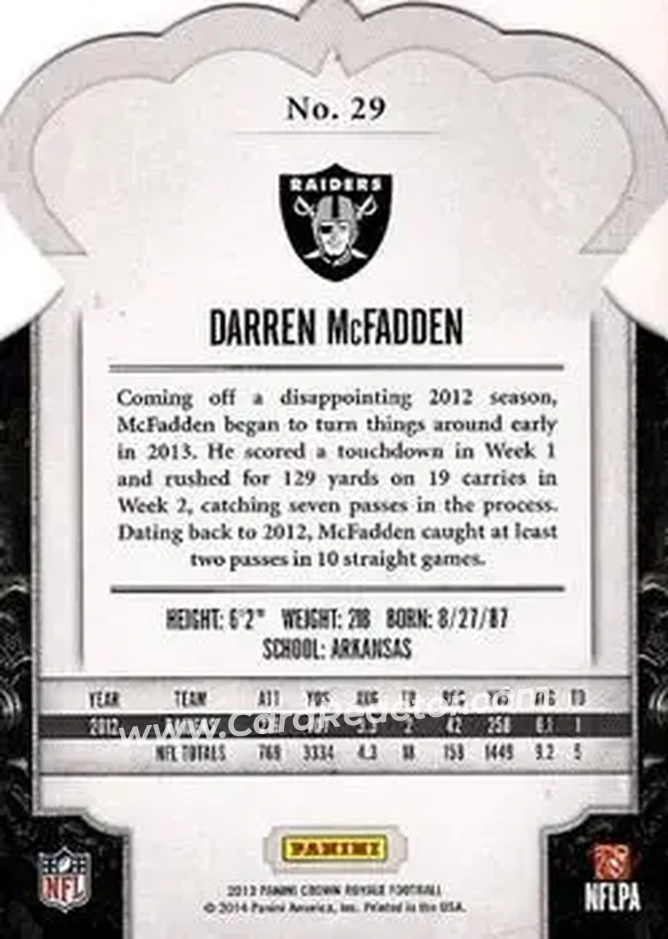 2013 Panini Crown Royale #29 - Darren McFadden - Oakland Raiders - Back 2013 Panini Crown Royale #29 - Darren McFadden - Oakland Raiders - Back