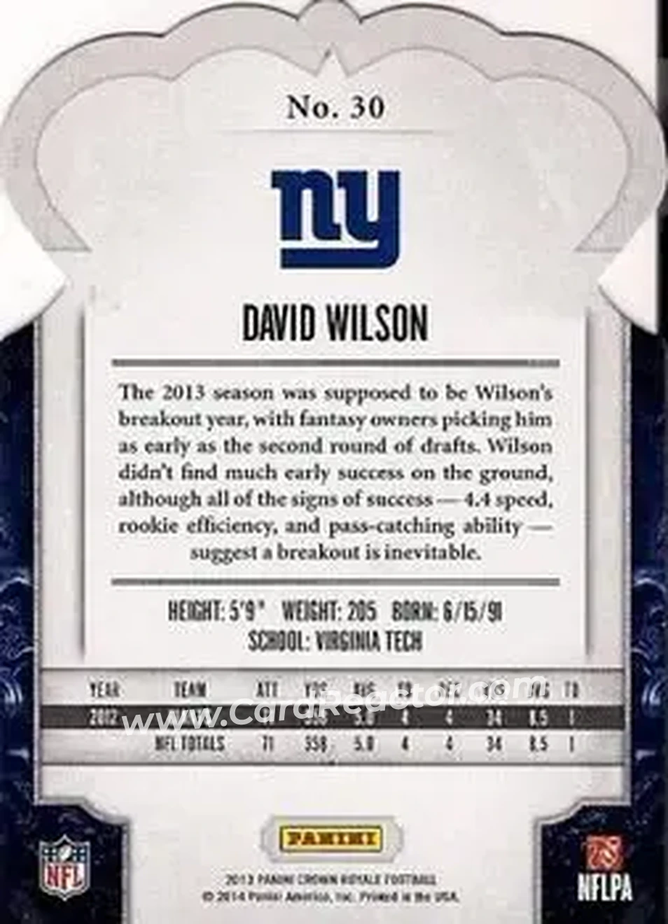 2013 Panini Crown Royale #30 - David Wilson - New York Giants - Back