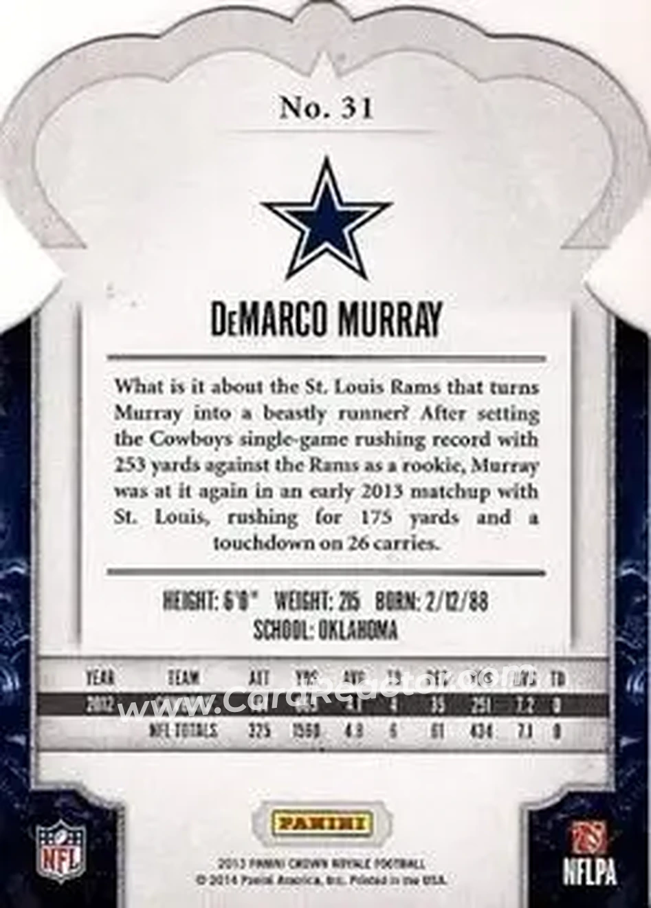 2013 Panini Crown Royale #31 - DeMarco Murray - Dallas Cowboys - Back