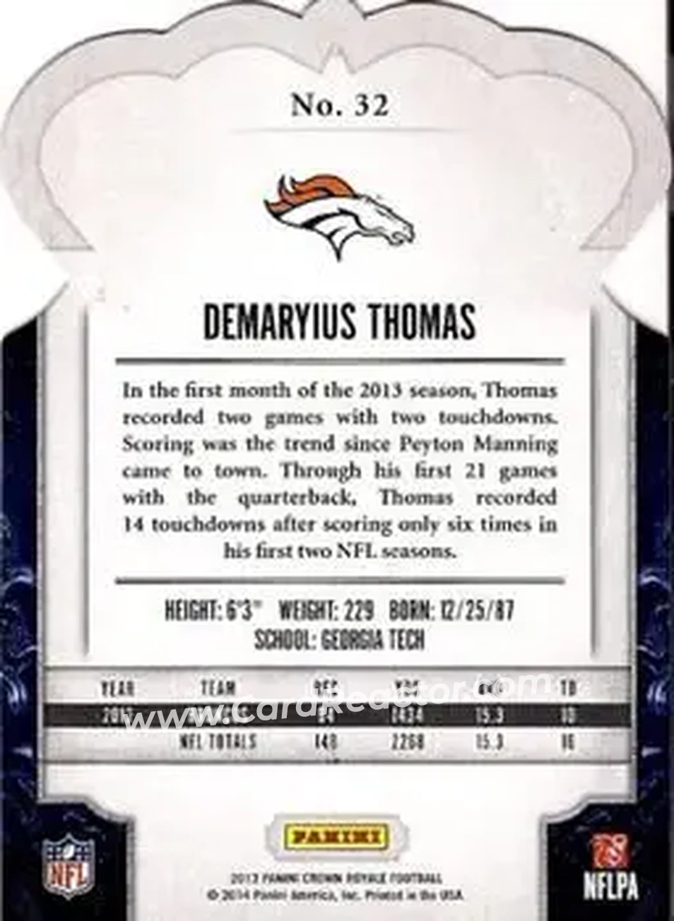 2013 Panini Crown Royale #32 - Demaryius Thomas - Denver Broncos - Back