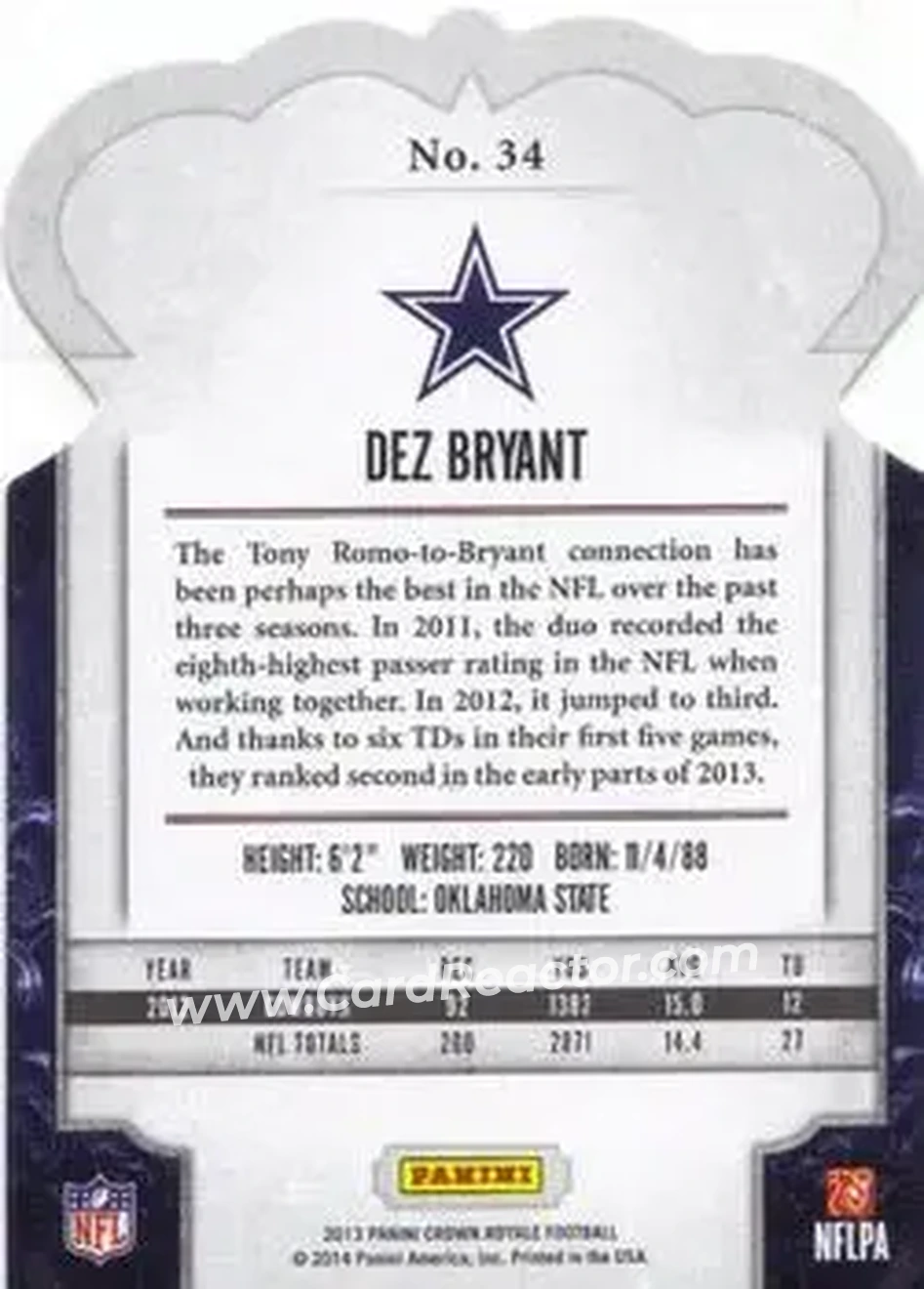 2013 Panini Crown Royale #34 - Dez Bryant - Dallas Cowboys - Back