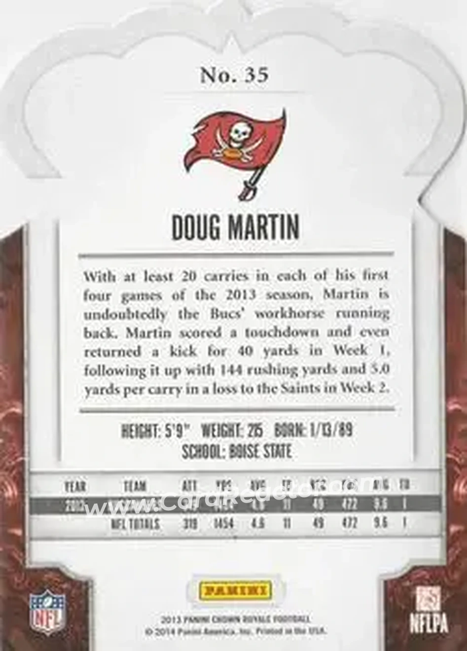 2013 Panini Crown Royale #35 - Doug Martin - Tampa Bay Buccaneers - Back