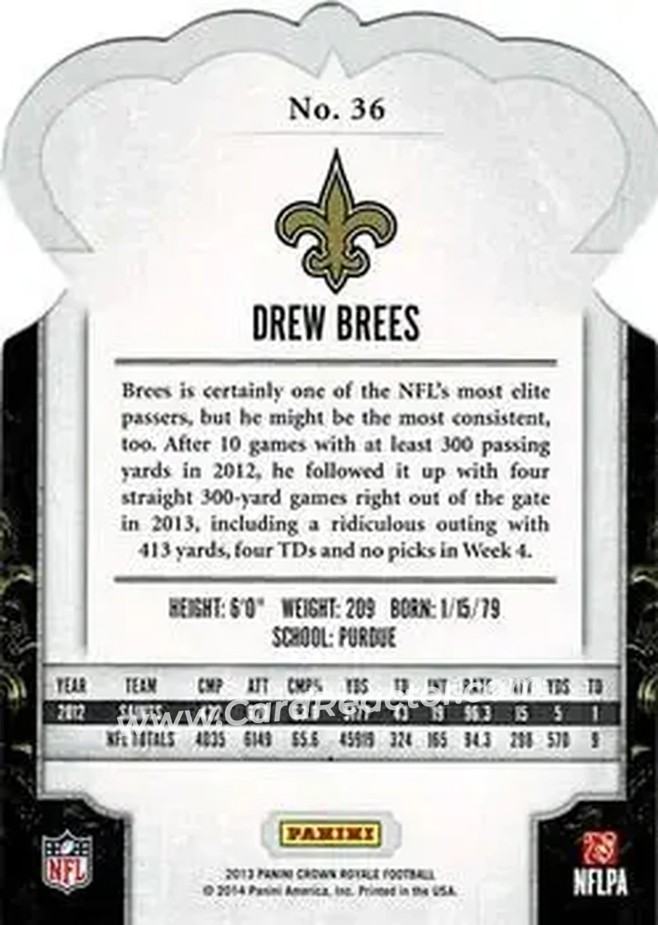 2013 Panini Crown Royale #36 - Drew Brees - New Orleans Saints - Back