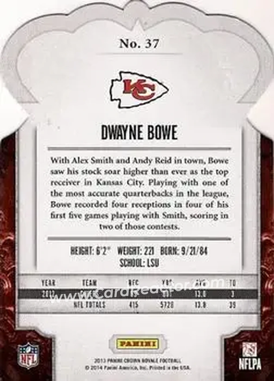2013 Panini Crown Royale #37 - Dwayne Bowe - Kansas City Chiefs - Back