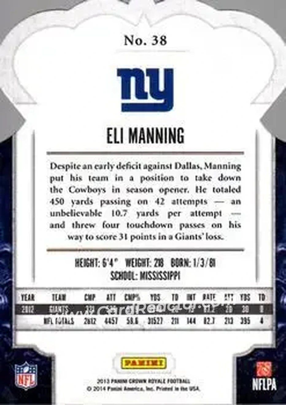 2013 Panini Crown Royale #38 - Eli Manning - New York Giants - Back
