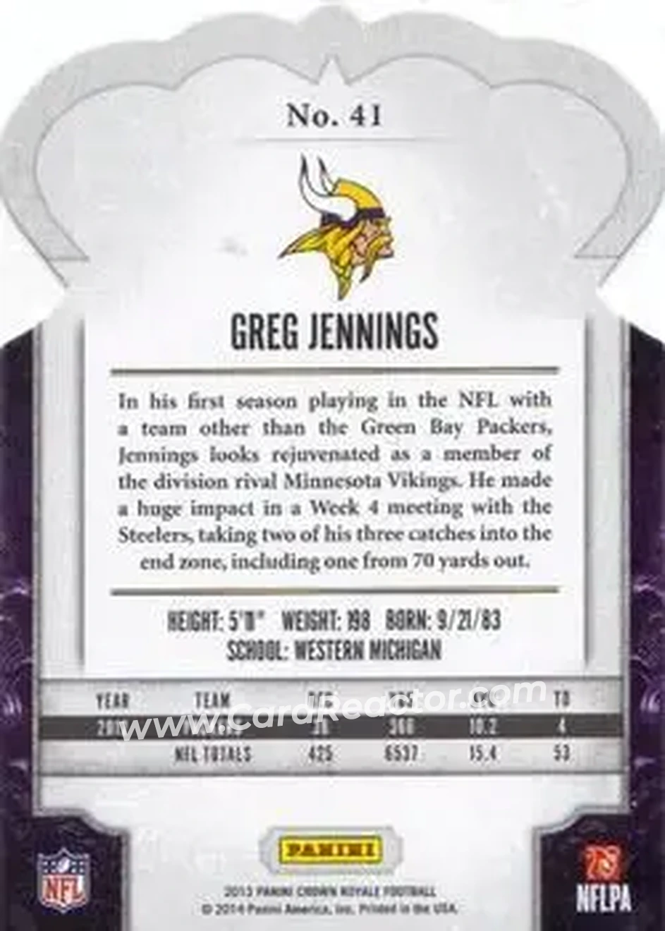 2013 Panini Crown Royale #41 - Greg Jennings - Minnesota Vikings - Back