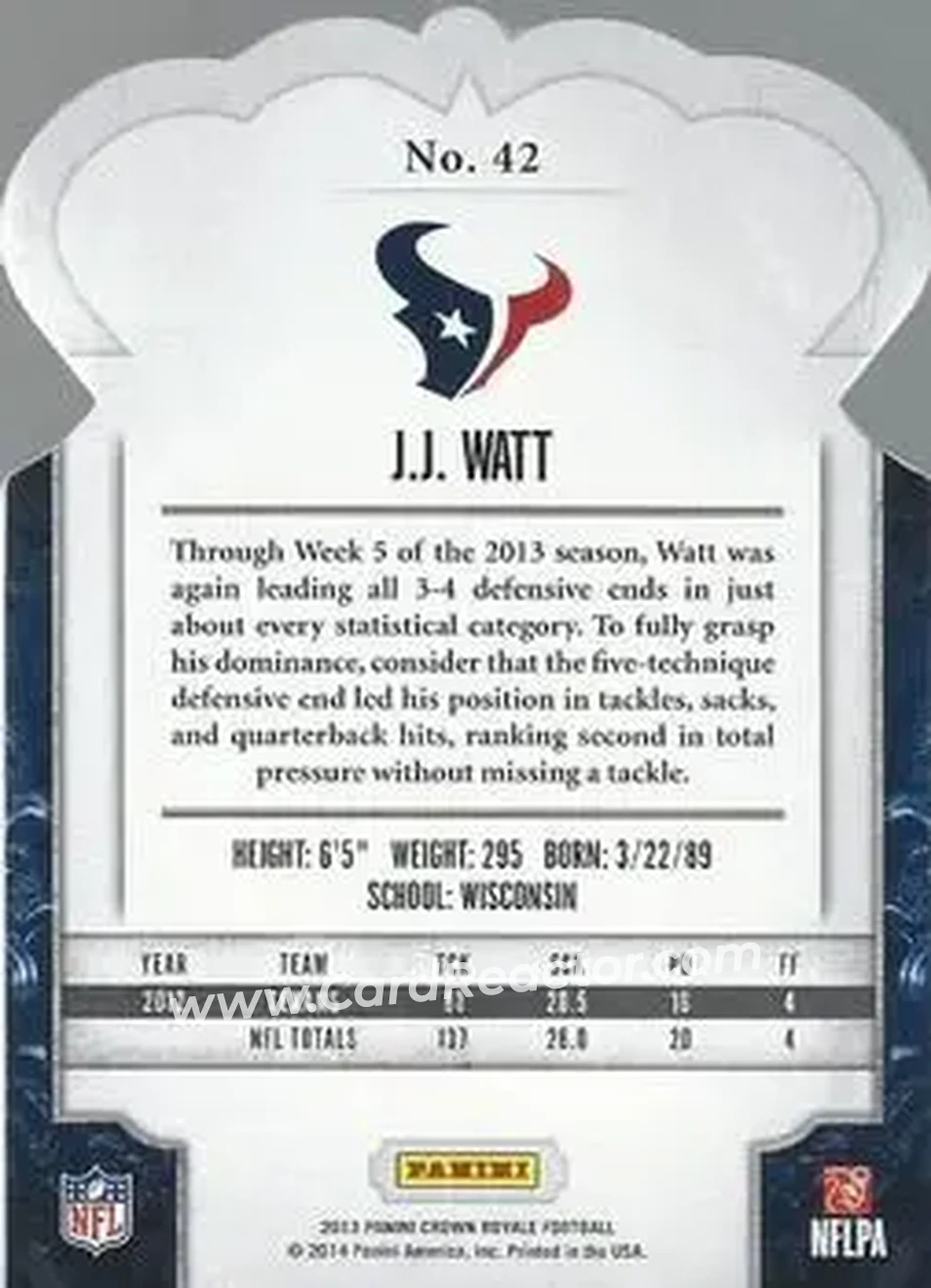 2013 Panini Crown Royale #42 - J.J. Watt - Houston Texans - Back