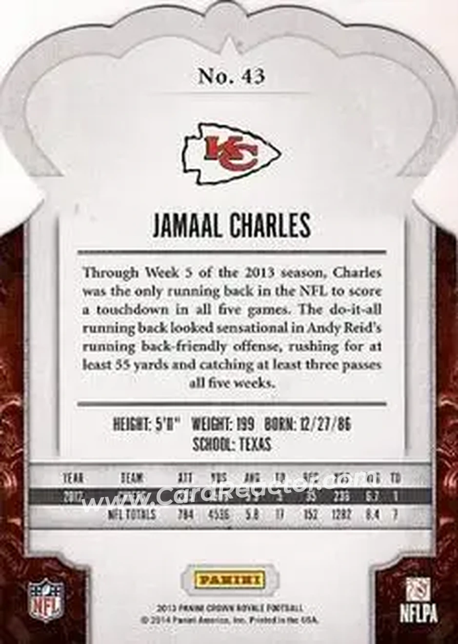 2013 Panini Crown Royale #43 - Jamaal Charles - Kansas City Chiefs - Back