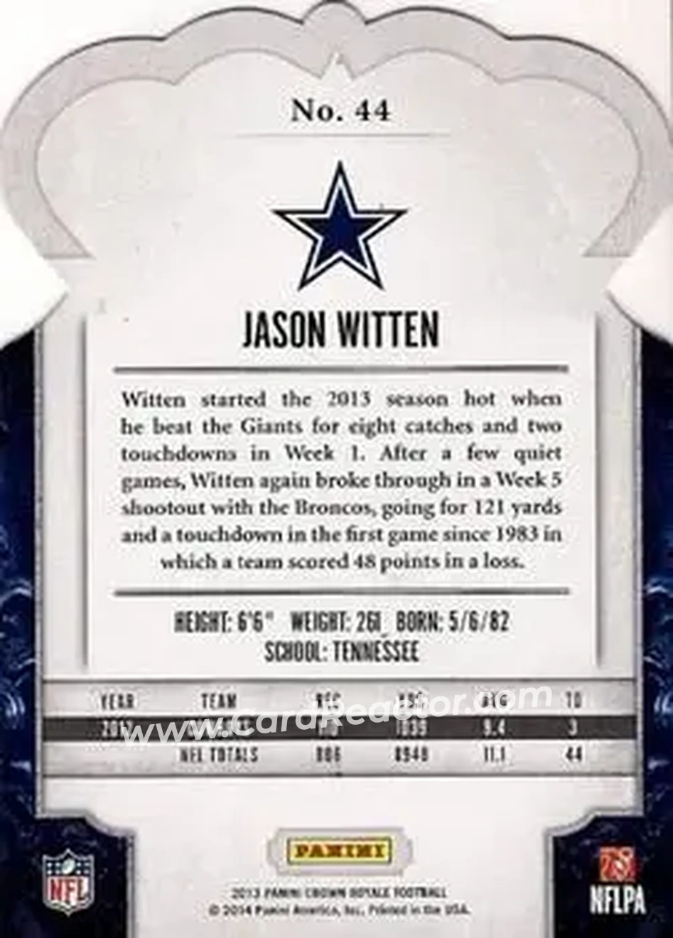 2013 Panini Crown Royale #44 - Jason Witten - Dallas Cowboys - Back