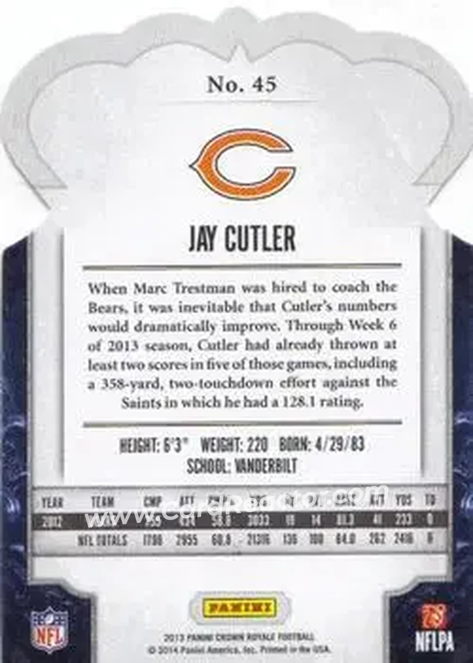 2013 Panini Crown Royale #45 - Jay Cutler - Chicago Bears - Back