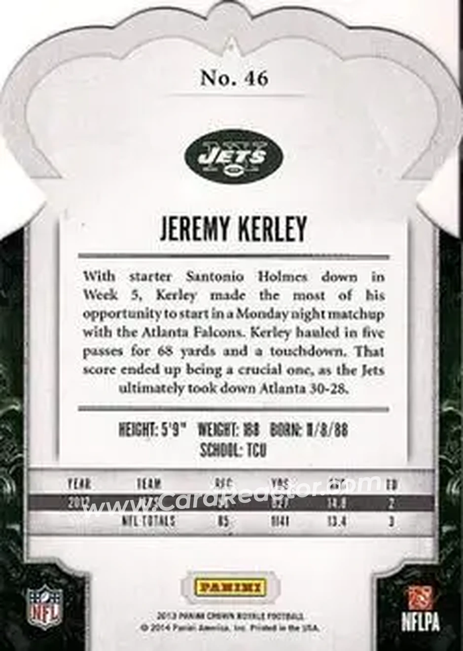 2013 Panini Crown Royale #46 - Jeremy Kerley - New York Jets - Back