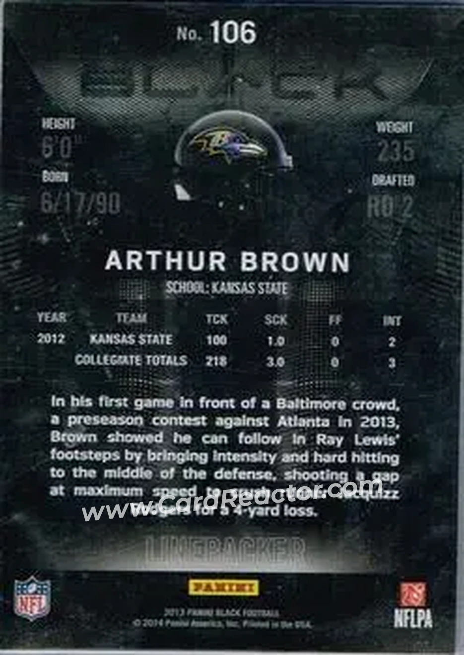 2013 Panini Black #106 - Arthur Brown - Baltimore Ravens - Back 2013 Panini Black #106 - Arthur Brown - Baltimore Ravens - Back