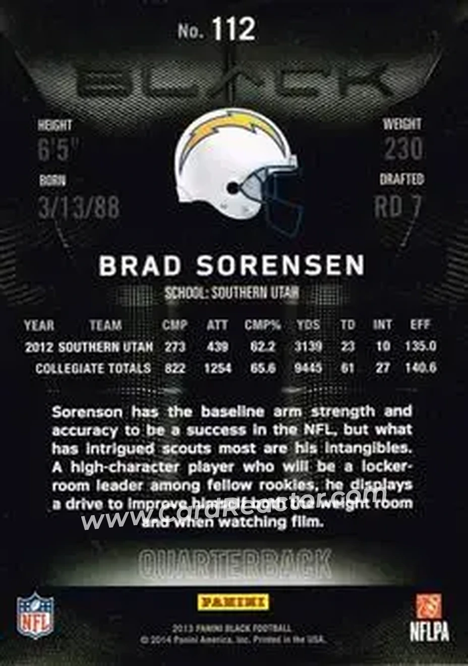 2013 Panini Black #112 - Brad Sorensen - San Diego Chargers - Back