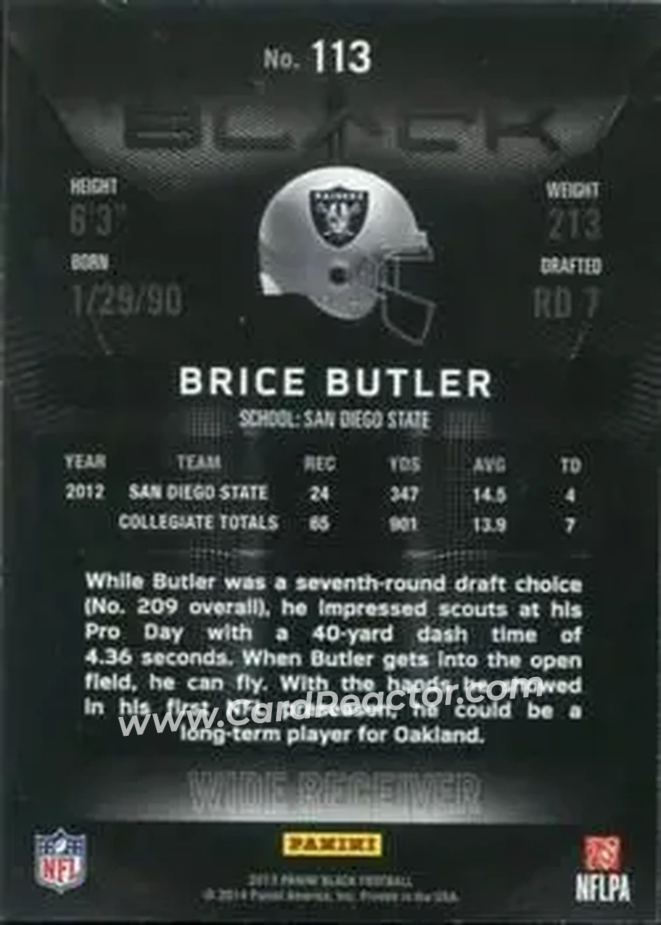 2013 Panini Black #113 - Brice Butler - Oakland Raiders - Back